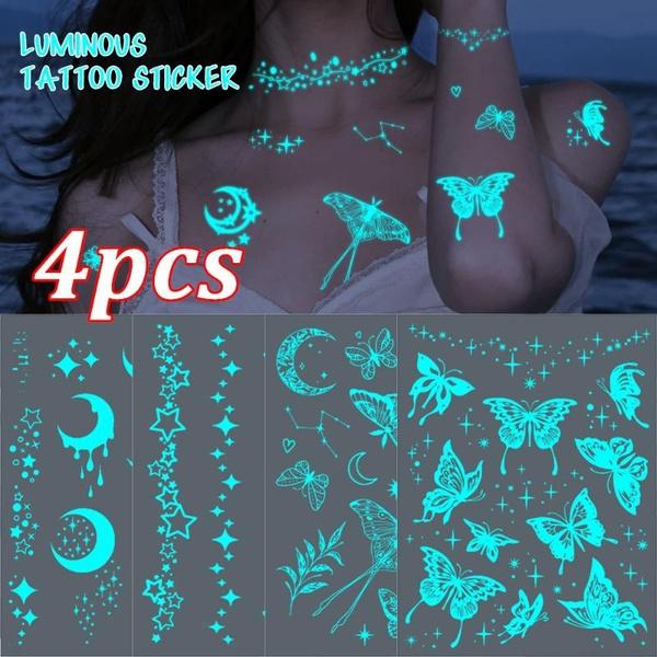 4pcs Luminous Glow Waterproof Temporary Tattoo Sticker Star Butterfly Flash Tatto Women Men Arm Body Art Fake Tattoos