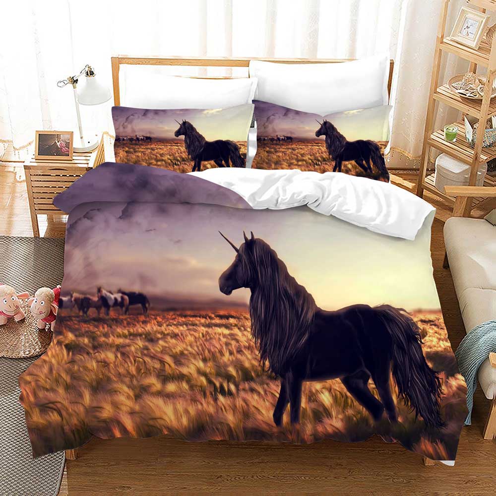 Birthday Gift Unicorn Cartoon Bedding Set Cute Unicorn Duvet Cover with Zipper Closure Comforter Cover Queen King Full Polyester