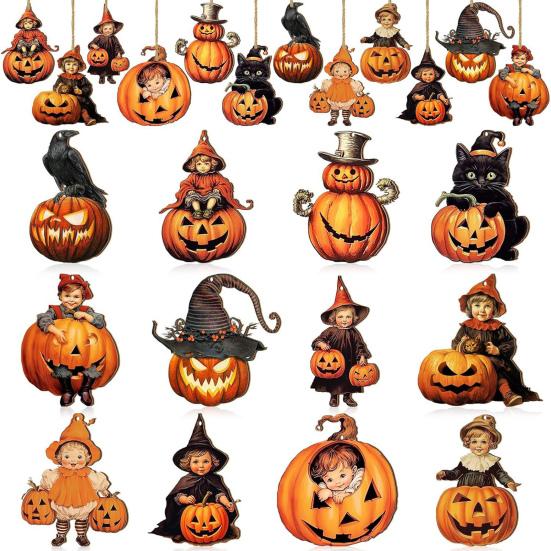 Halloween Wood Ornament for Tree Vintage Hanging Decoration Pumpkin Witch Black Cat Wooden Cutouts for Halloween Home Party Decor