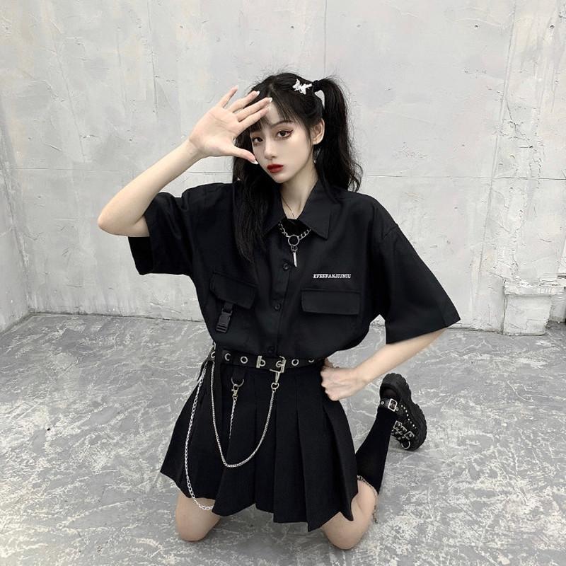 Черная плиссированная юбка в стиле панк, женская мини-юбка в стиле Харадзюку, летняя уличная одежда с цепочкой JK Girl, хип-хоп, корейский стиль