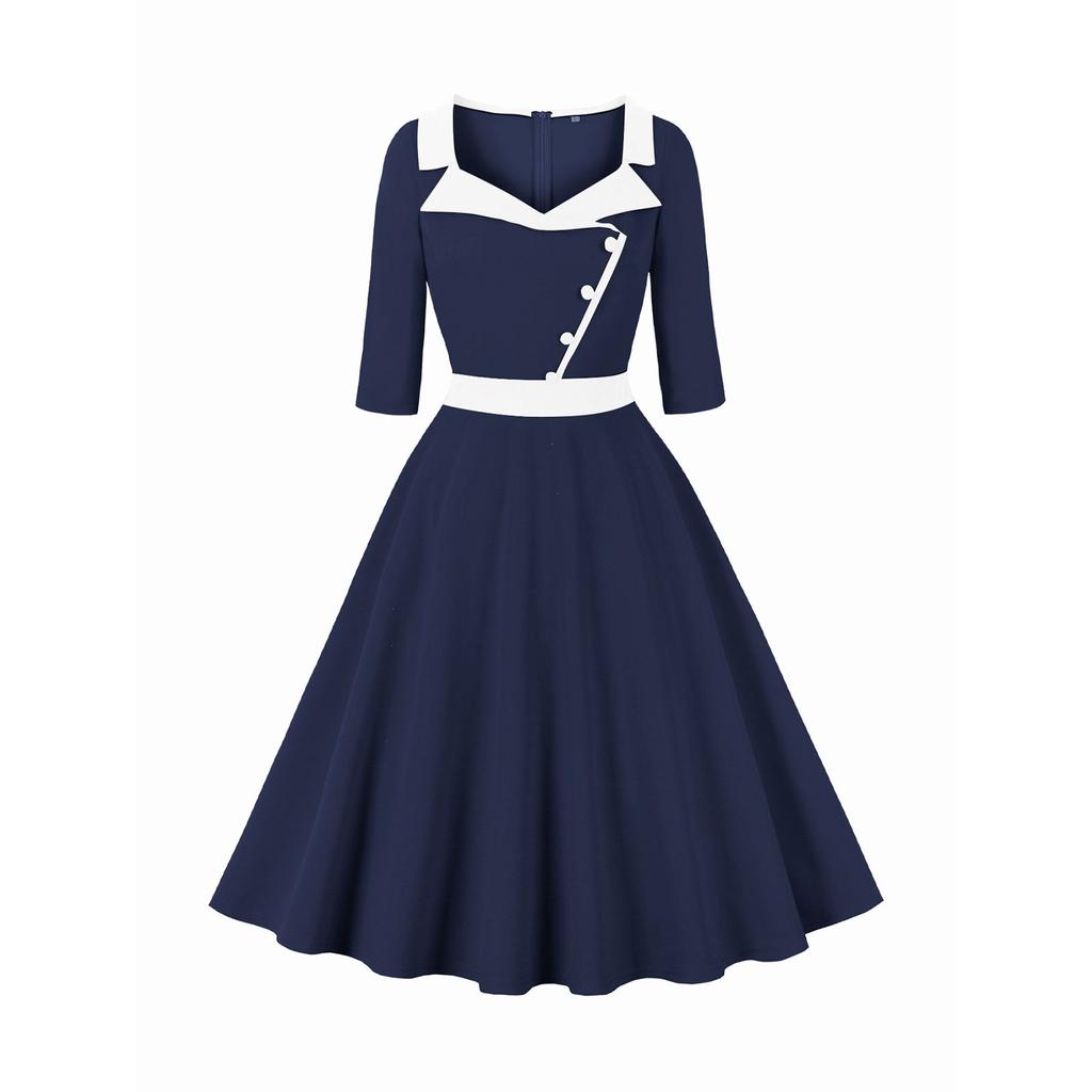 Женское платье миди с рукавом три четверти, однотонное, в стиле ретро, с воротником-стойкой и большой юбкой-клеш