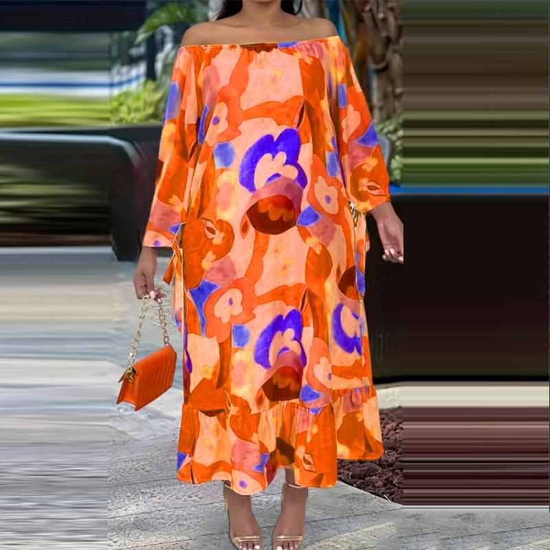 Женское платье больших размеров с открытыми плечами и длинными рукавами с принтом
