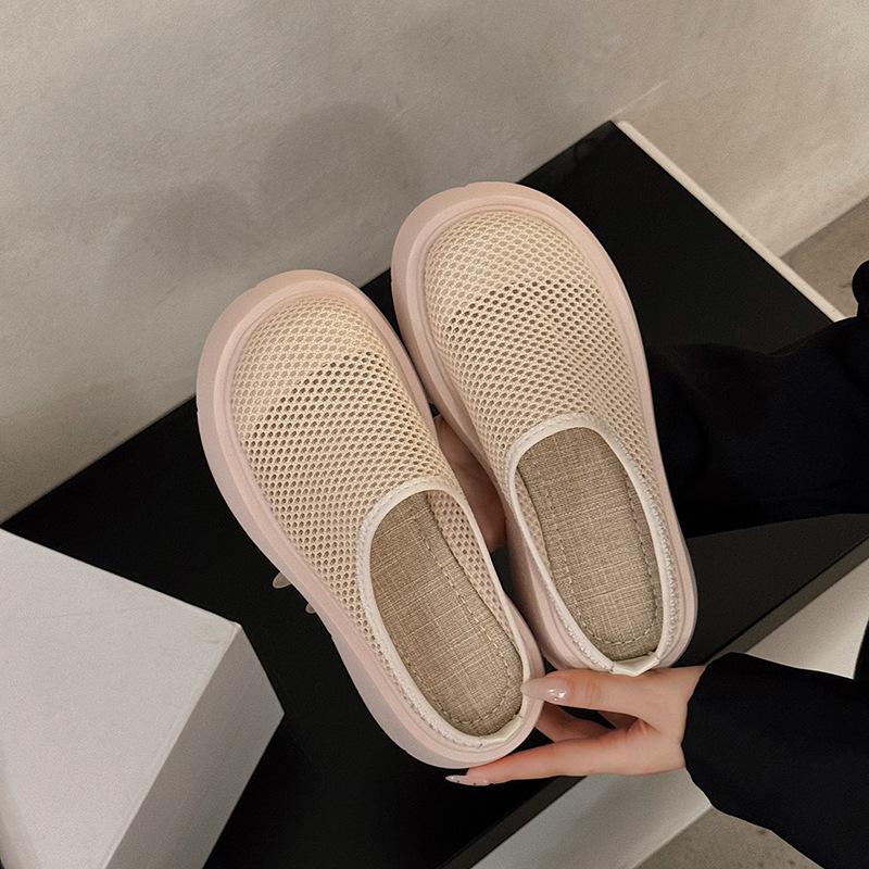 Black Non-slip Platform Female Mesh Breathable Half-toe Baotou Slippers Casual Versatile Beach Shoes Slides Women Sandalias 2024
