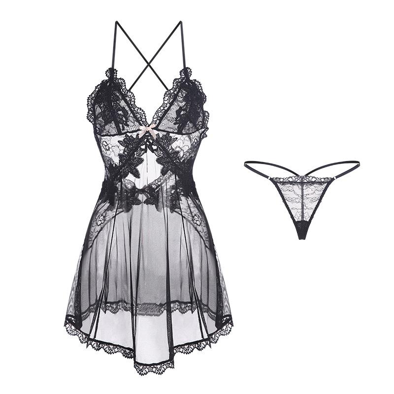 Women's Plus Size Sheer Low Cut Backless Cami Sleep Dress Lingerie Set