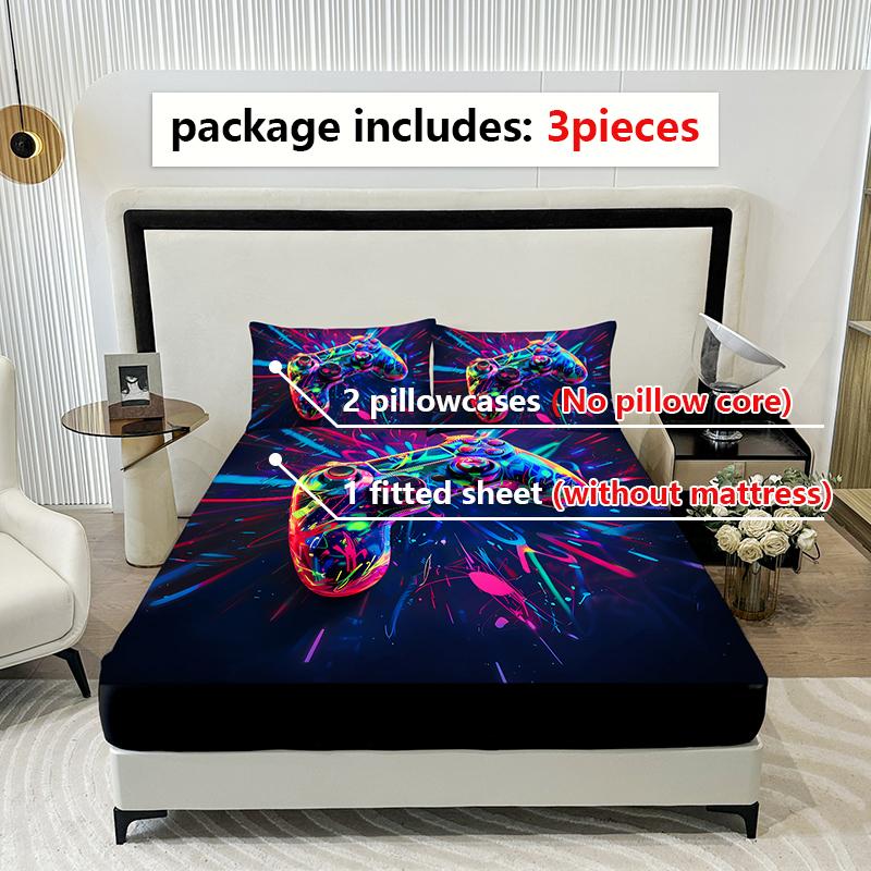 3Pc Colorful Spark Game Console Bed Sheet, 1 Fitted Sheet+2 Pillowcases, Digital Printing Technology, Available For All Seasons