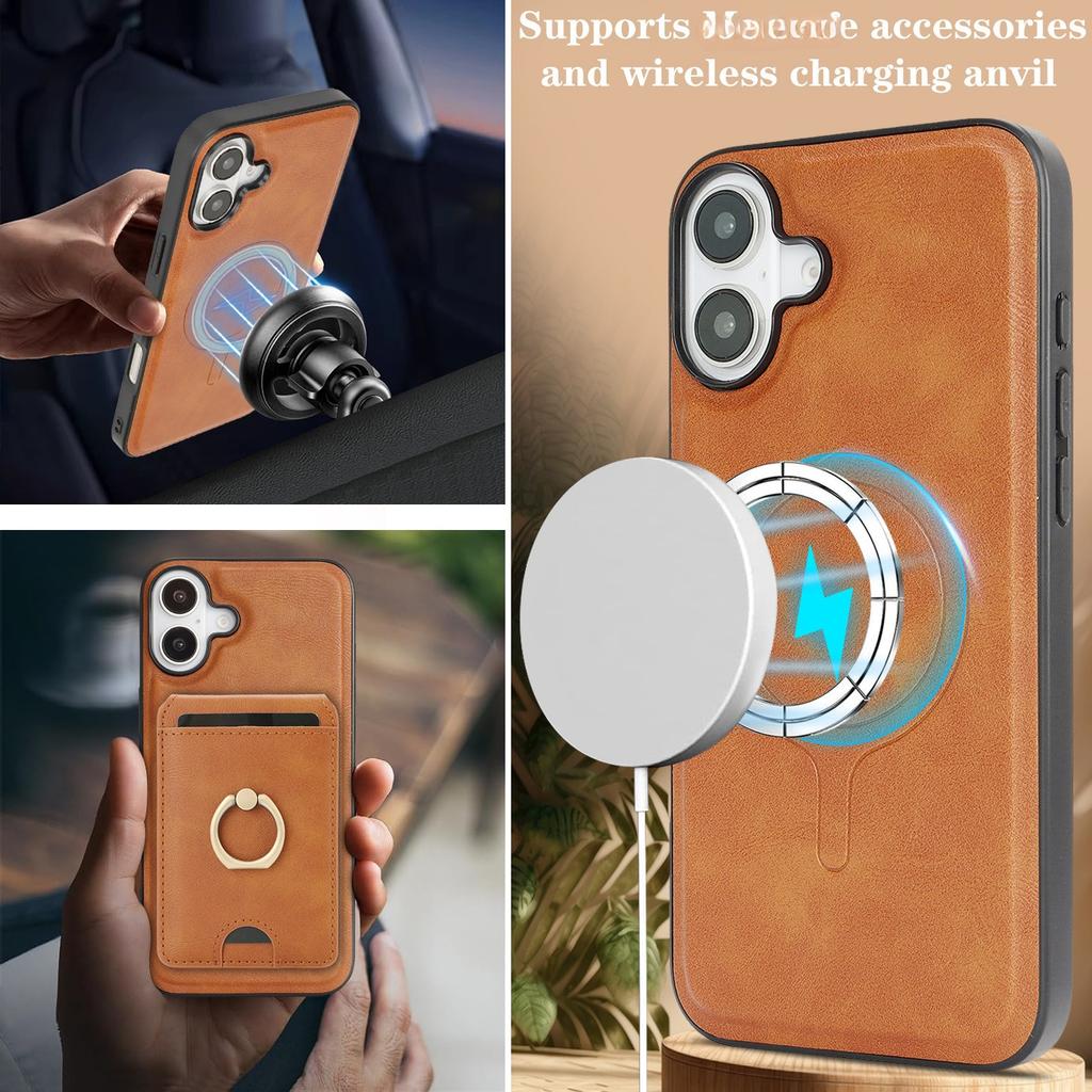 Detachable Magnetic Card Wallet Leather Case for iPhone 16 Pro Max 17 Air 16e 15 14 13 12 Wireless Charging+Ring Holder Cover
