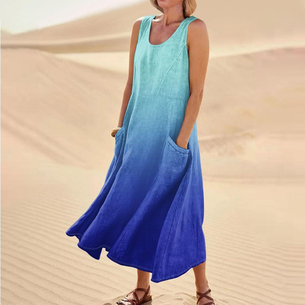Женское летнее повседневное модное платье без рукавов с круглым вырезом и карманом в стиле ретро