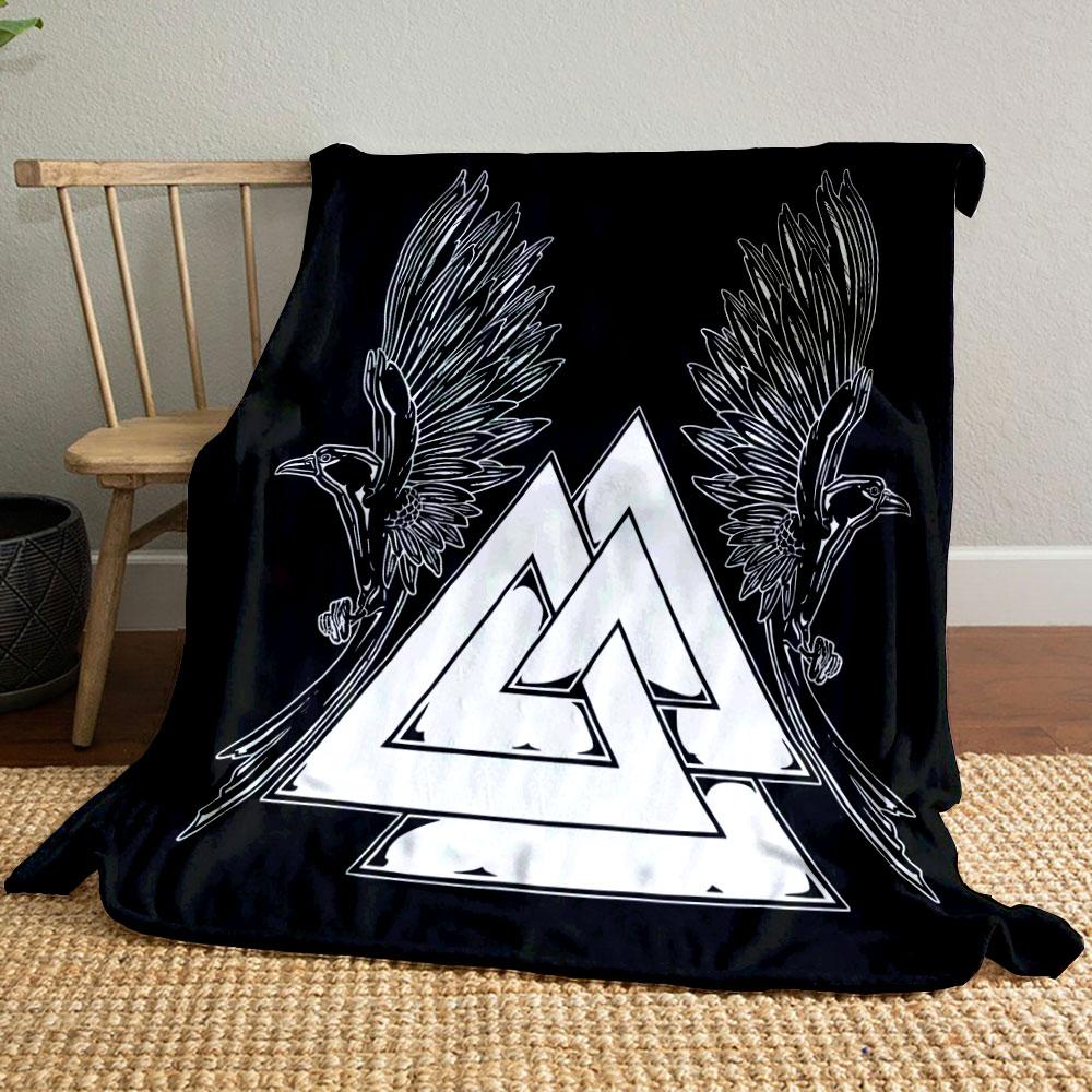 Valknut Symbol and Ravens Design Patterned blanket, flannel, suitable for all seasons, home decor, warm and cozy