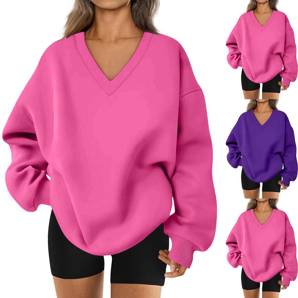 Ladies Long Sleeve Solid Color V-neck Sweatshirt