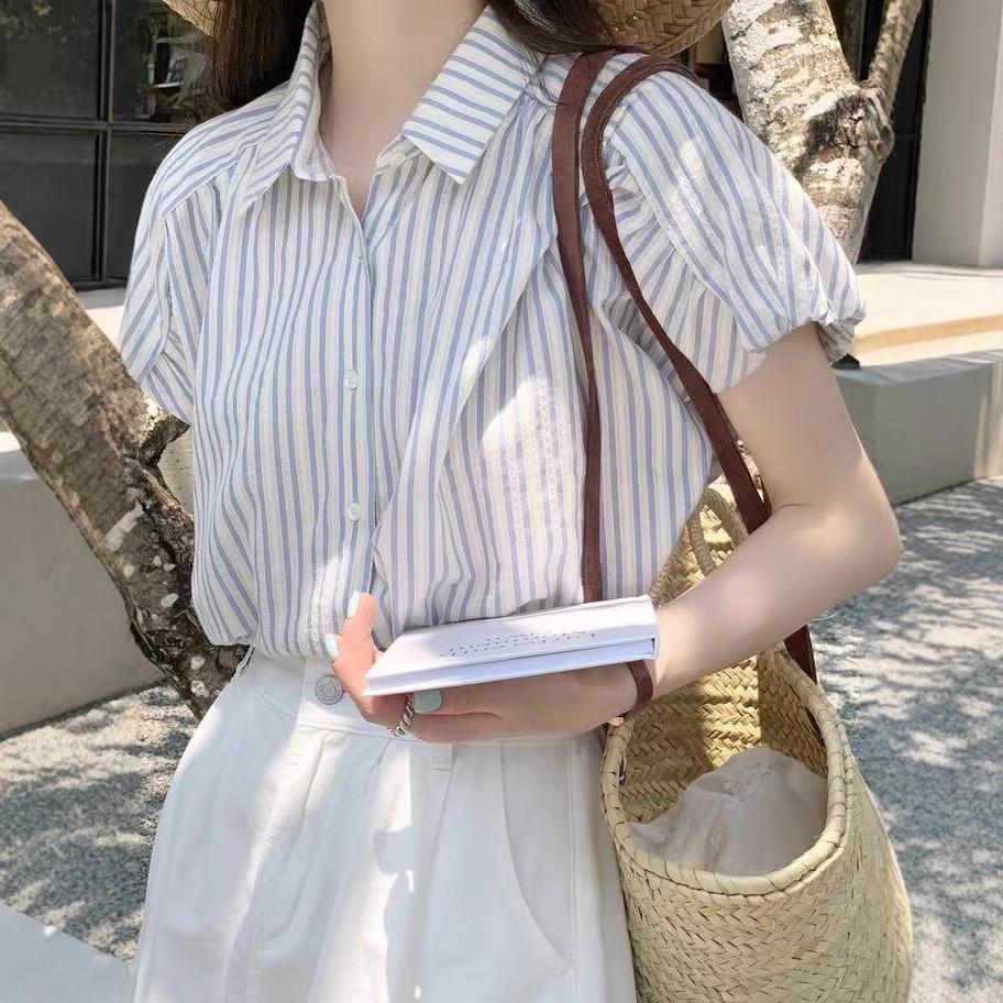 Streetwear Striped Blue Shirt For Women With Short Sleeves And V Neck For Summer Casual Wear