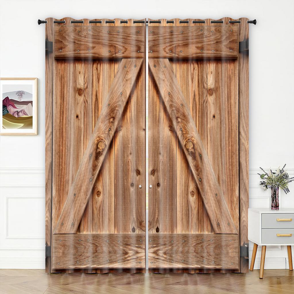 Curtain Series 3D Digital Printing, Simple Wooden Door High Density Blackout Curtain Bedroom