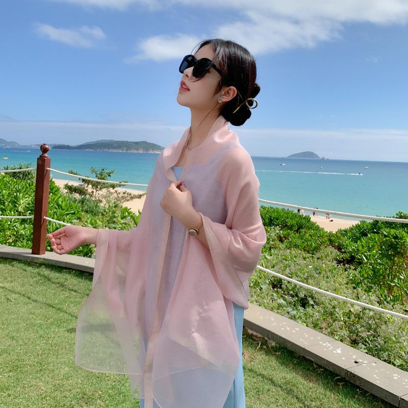 Summer Seaside Thin Sun Protection Beach Towel for Women Taking Photos with Versatile Vacation Fashion Gauze Soft Silk Scarf Sunshade Scarf