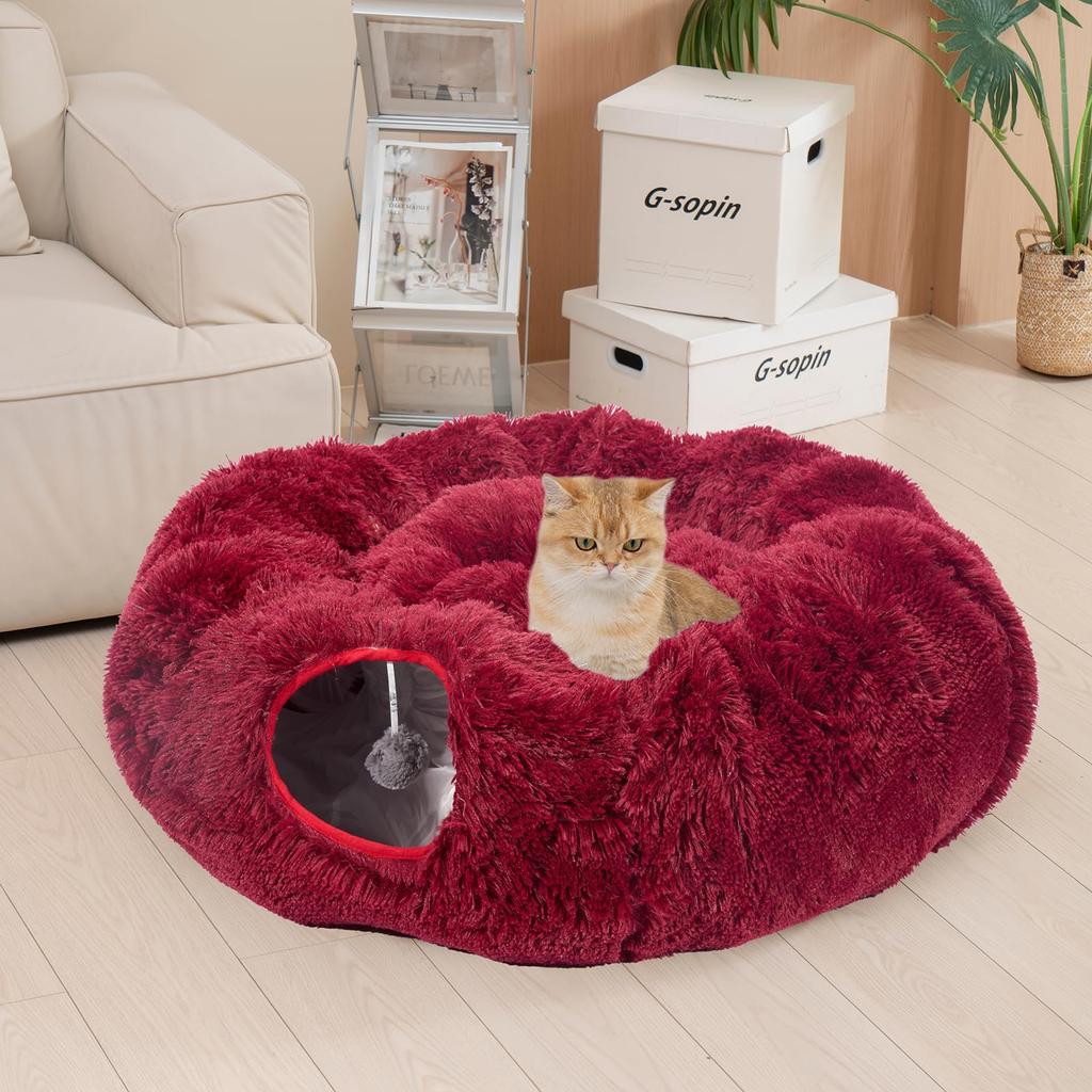Avont Cat Tunnel Bed with Washable Foldable Large Cat Tunnel Tube Toy with 3 Shapes for and Includes Fluffy Cat Bed Red Cushion, Kittens, Puppies,