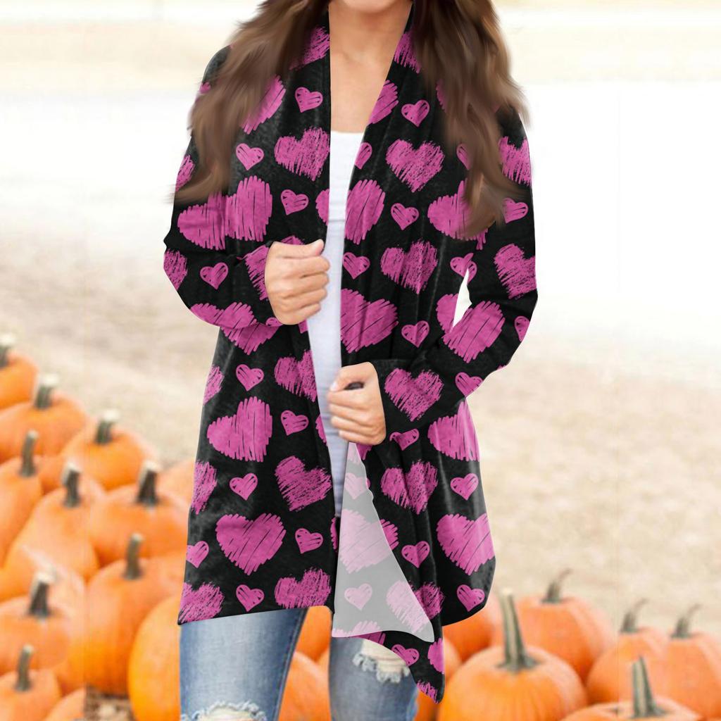 Женский повседневный кардиган с длинными рукавами и принтом ко Дню святого Валентина без карманов, верхнее пальто