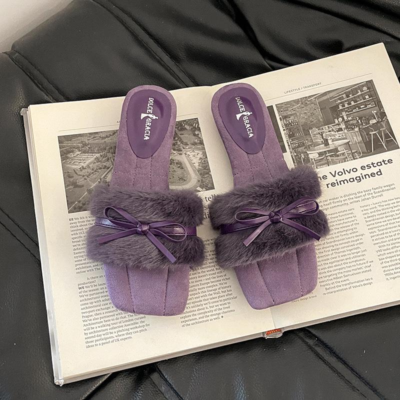 Осенне-зимняя мода ретро бант танкетка пушистые тапочки простые повседневные уличные женские хлопковые мопы