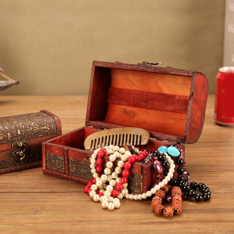 Винтажный деревянный сундук сокровищ, декоративный контейнер для хранения памятных вещей с замком, антикварный органайзер для ювелирных изделий для женщин