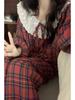 Women's Red Plaid Lace Trim Pajama Set - Long Sleeve & Pants