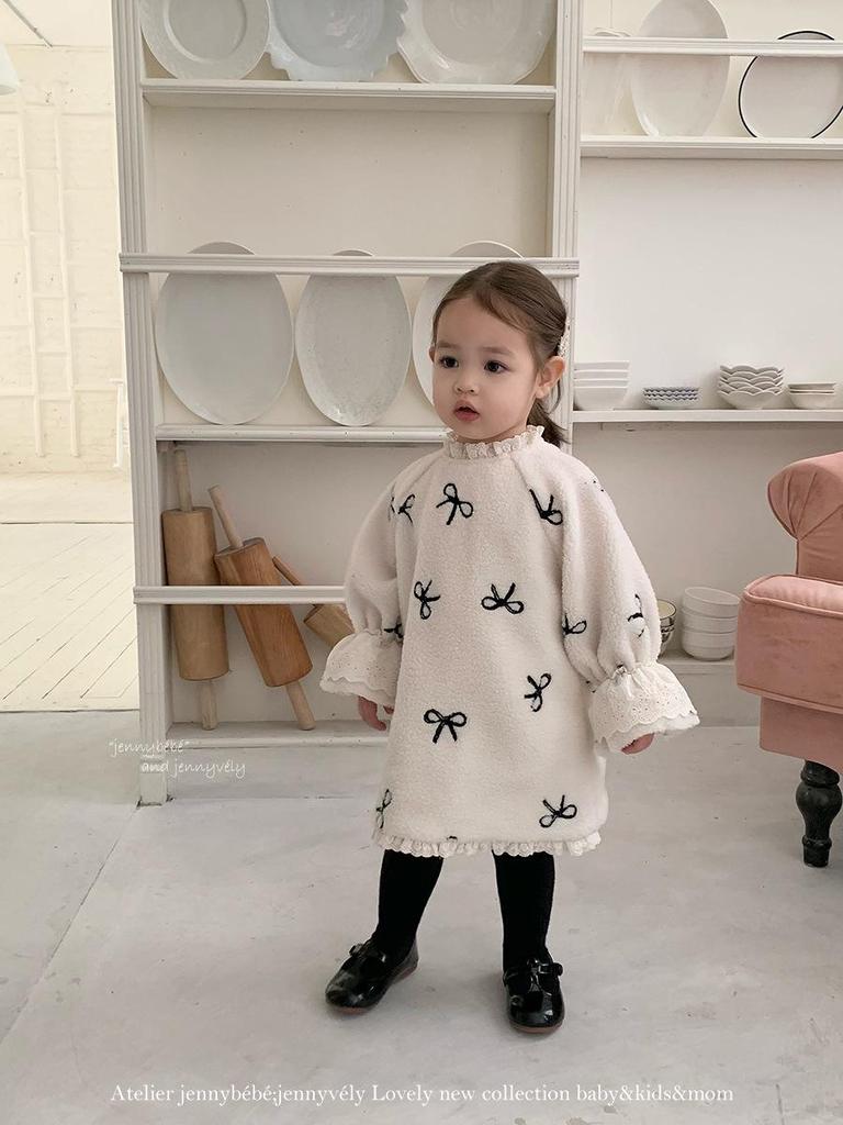Зимнее платье JennyBebe в корейском стиле из овечьей шерсти для девочек с бантом