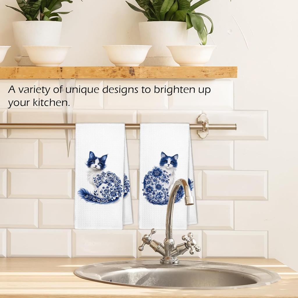 Flower Cat Kitchen Towels Set of 2, Floral Cats Mom Towels for Cat Lovers Women Girls Dish Hand Tea Towel, Cute Light Blue and White Chinoiserie