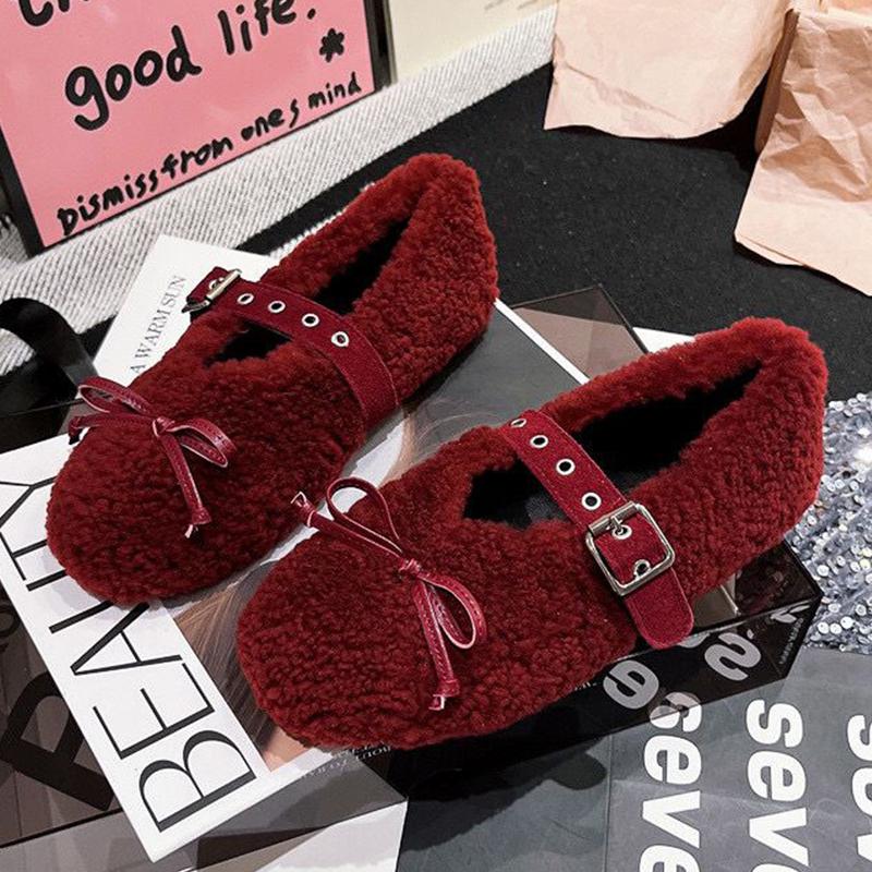 Женские туфли-лоферы с бантом из меха на плоской подошве, дизайнерская повседневная обувь из плюша, зимняя мода, новая обувь 2024 года, трендовое уютное платье с пряжкой для леди Zapatos