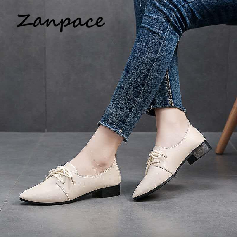 ZANPACE осенние повседневные женские туфли с острым носком на шнуровке кожаные туфли на низком каблуке лоферы женские весенние туфли на платформе