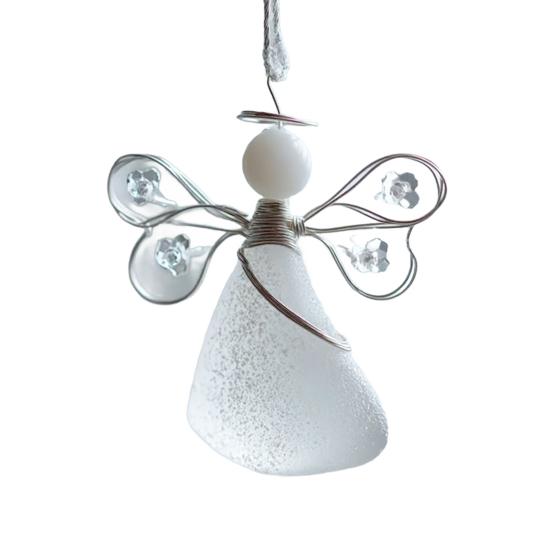 Ангел из морского стекла ручной работы, прибрежное рождественское украшение, искусство из морского стекла, памятный сувенир, ангел, обернутый проволокой, украшение для рождественской елки, для праздничного домашнего декора