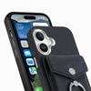 For iPhone 16 Case Ring Kickstand Leather Coated TPU Back Cover with Card Holder - Black