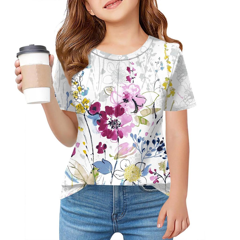 Детская футболка Fold A для девочек, летняя модная куртка с круглым воротником и цветочным принтом с короткими рукавами
