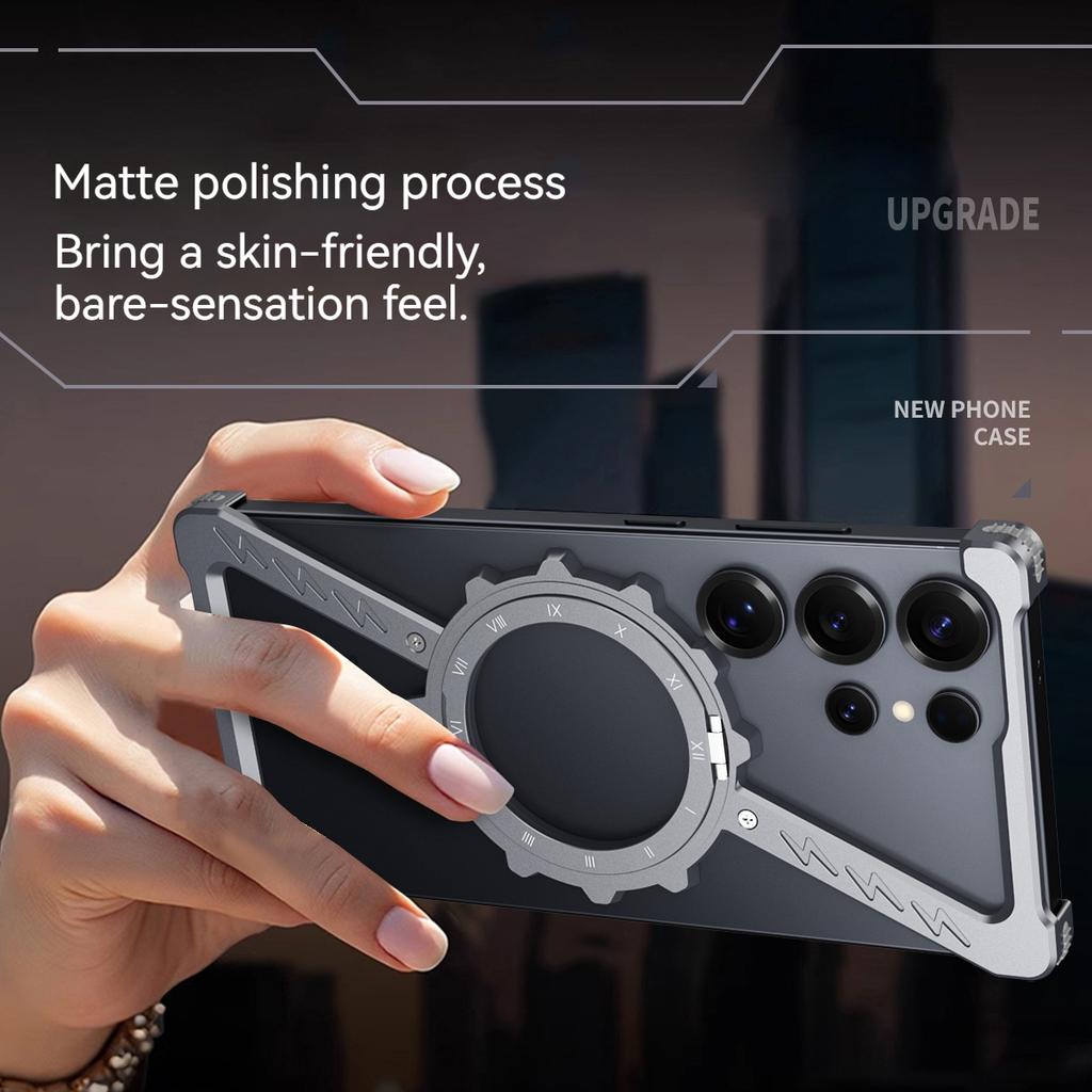 Shaped Aluminum Metal Frame Borderless Heat Dissipation Phone Case, for Samsung S26 S25 Ultra Rotating Bracket Bumper