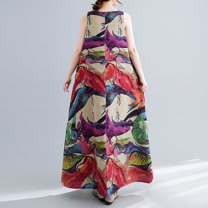 Летнее льняное платье А-силуэта с цветочным принтом в стиле ретро, длинное женское платье большого размера без рукавов с круглым вырезом, средней длины, из хлопка и льна