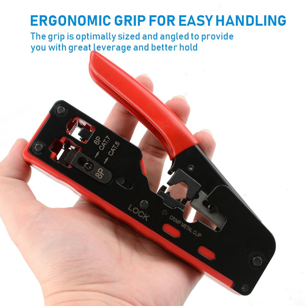 Cat7 RJ45 Crimp Tool Compatible for Cat7/6a/6/5e Ethernet Cable with Cut/Strip Multi-function Crimper with Spare Blades