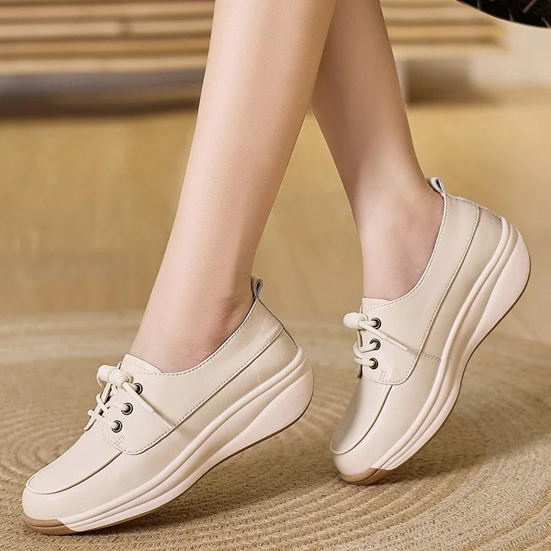 Fashion Women Fashion Platform Flats Sneakers  Autumn Breathable Lace Up Wedge Sport Shoes Comfort Soft Leather Travel Casual Shoes