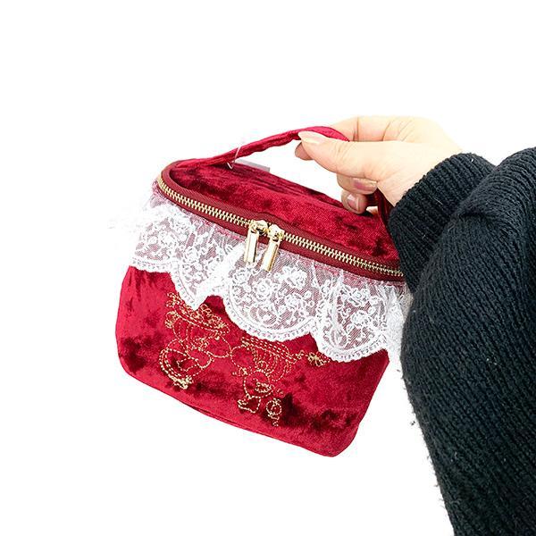 Ado Mizumori Lace and Velour 2-way Vanity Bag Wine Red