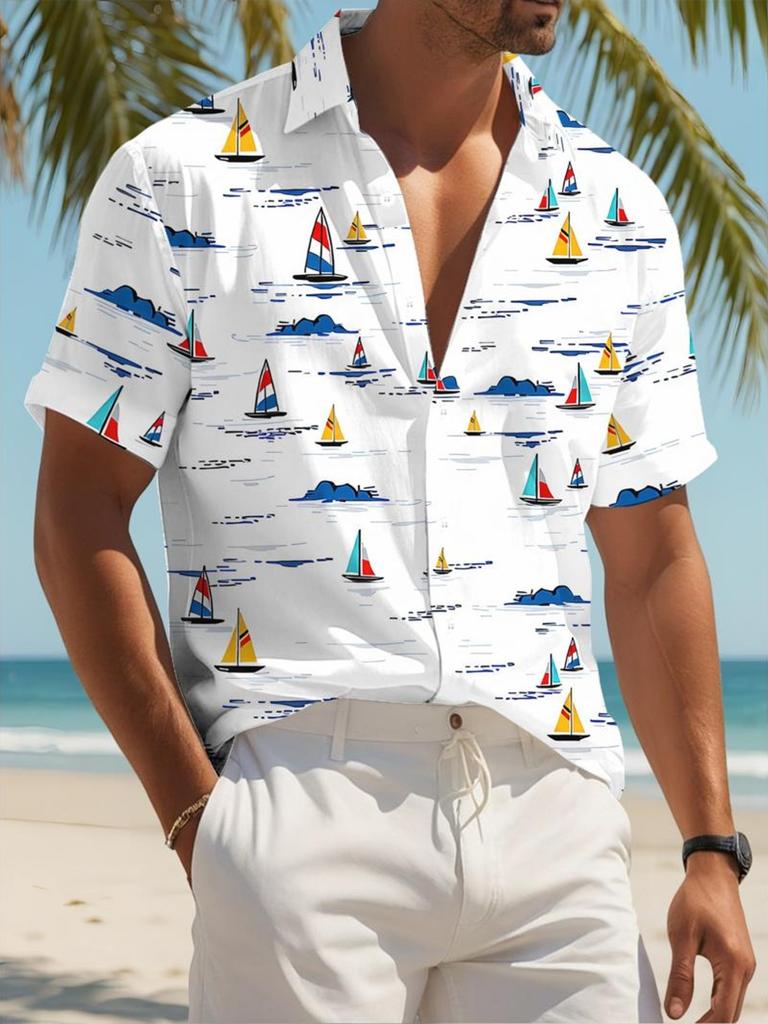 Men'S Casual Short-Sleeve Shirt, Polyester Fabric, Colorful Sailboat And Wave Patterns, Beach Style Design, Ideal for Vacation/Leisure, Stylish And