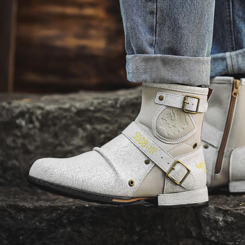 Мужские мотоботы с высоким голенищем из потрескавшейся кожи, боковая молния, металлическая отделка, ретро, рыцарские боты, водонепроницаемые, противоскользящие, осень 2025, новинка