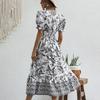 Женское платье миди с V-образным вырезом и короткими рукавами-фонариками в тон с цветочным принтом, с высокой узкой талией, трапециевидной формы, с большими качелями, для отпуска, выпускного вечера, летнего платья миди