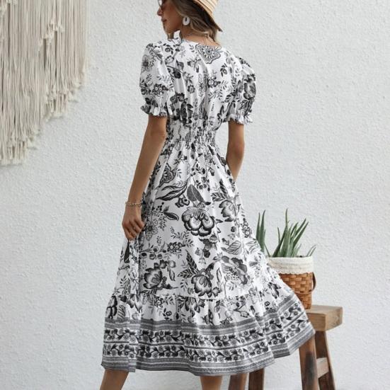 Женское платье миди с V-образным вырезом и короткими рукавами-фонариками в тон с цветочным принтом, с высокой узкой талией, трапециевидной формы, с большими качелями, для отпуска, выпускного вечера, летнего платья миди
