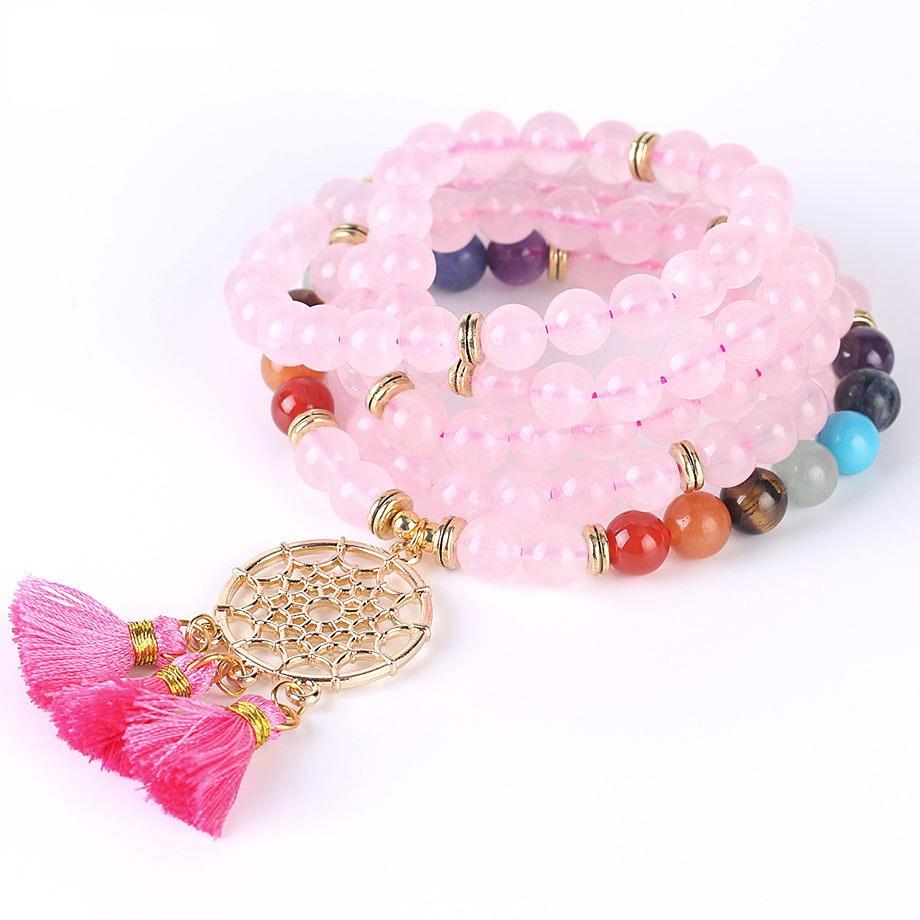 Браслет-четки из 108 бусин, индийский позолоченный браслет «Ловец снов», натуральный кристаллический камень, 7 чакр, браслет для йоги