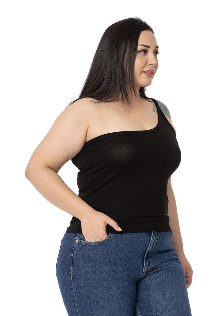 Женский стиль Боди большого размера Плюс размер на одно плечо Вискозное боди черного цвета с низким вырезом