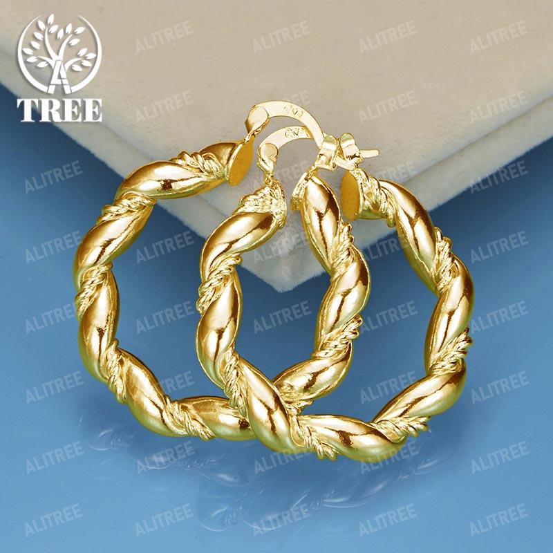 ALITREE 18K Gold 925 Sterling Silver 30mm Rope Earrings For Women Wedding Banquet Engagement Party Fashion Charm Jewelry Gifts