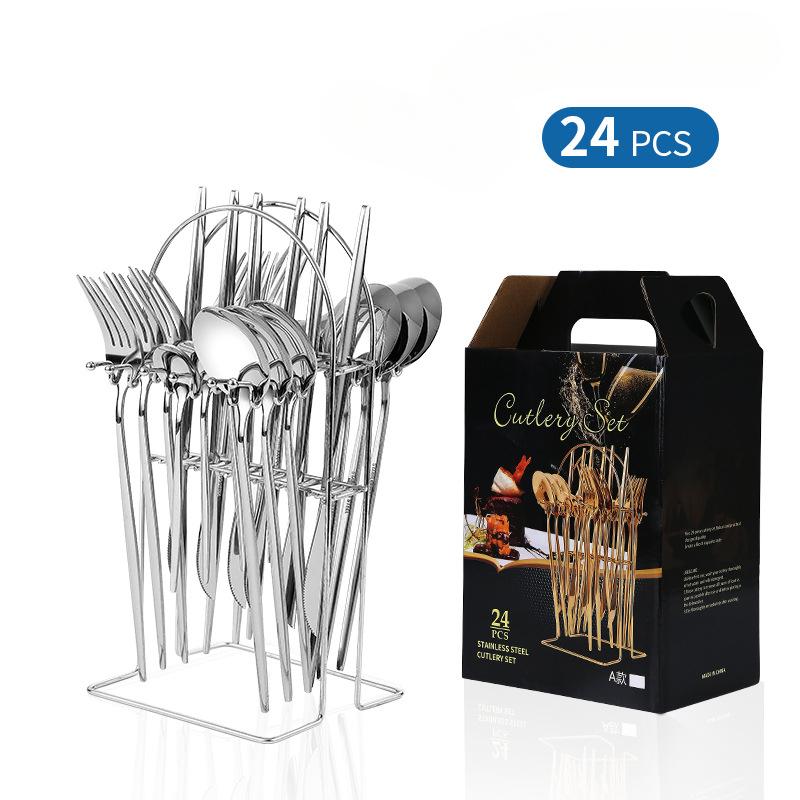 24-Piece Stainless Steel Tableware Set Western Food 4 Main Pieces Portugal Knife, Fork and Spoon with Storage Rack Gift Set