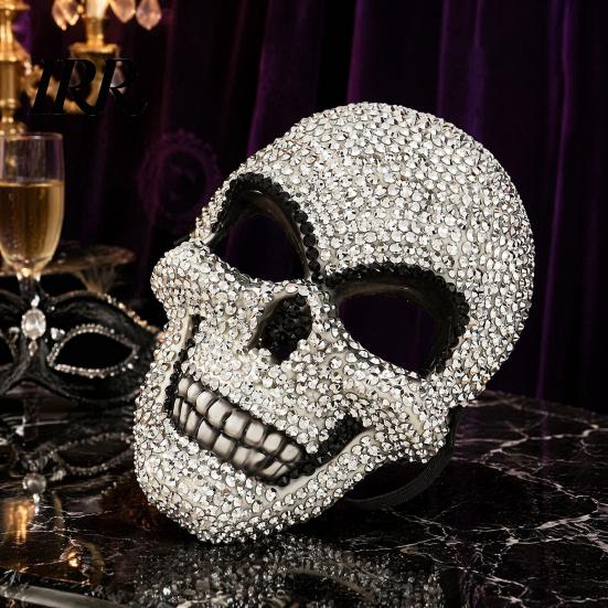 Rhinestone Skull Halloween Mask Sparkling Rhinestones Mask, 3D Comfortable Full Face Bling for Adult Cosplay Parties & Haunted House Props Adjustable