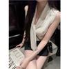 Black Sexy Ladies Small Fragrance Knitted Sleeveless Vest, Design Sense Slim Short V-neck Sleeveless Top Women2713#
