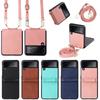 Fall Protection Phone Strap Leather Wallet Case For Samsung Galaxy Z Flip 4 5g Flip3 Flip4 Flip 3 Non -Fingerprint Folding Cover