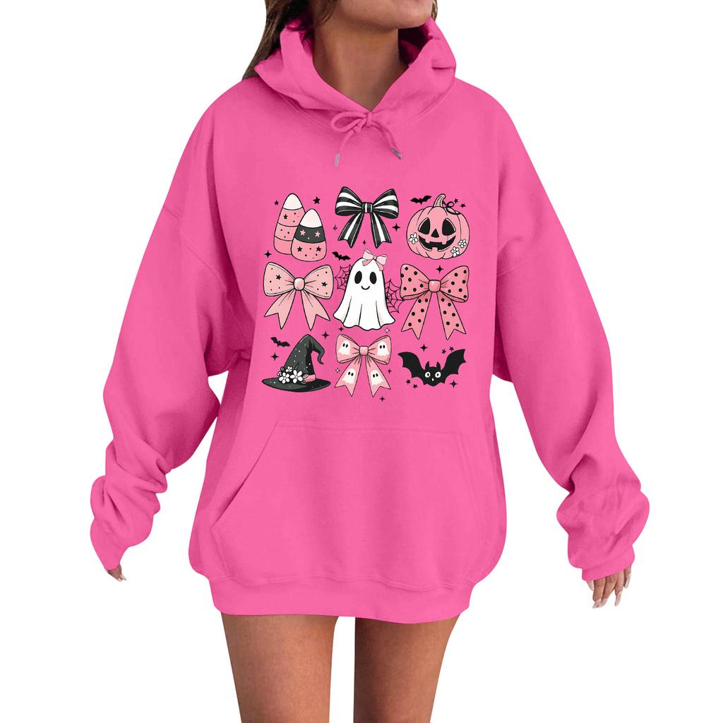 Женская повседневная модная удобная толстовка с круглым вырезом, капюшоном и длинными рукавами с принтом на Хэллоуин, теплая