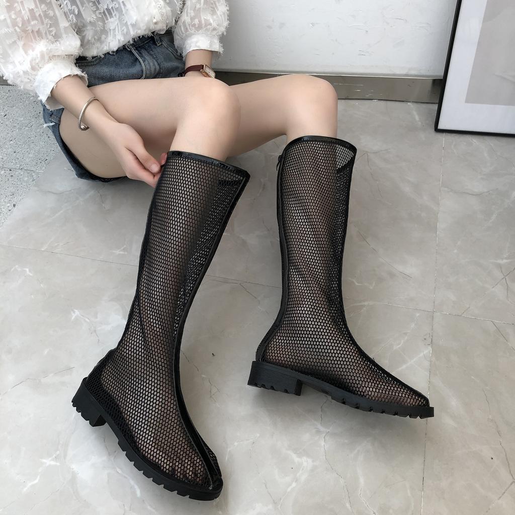 No Inner Cool Boots Summer New Round Head Mesh Breathable Back Zipper Anti-slip Wear-resistant Square Heel Mid-calf Boots
