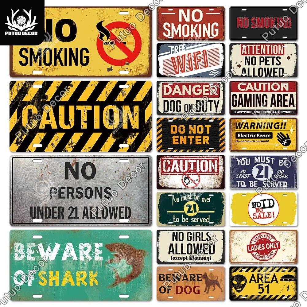Putuo Decor Warning Metal Sign Plaque Metal Vintage Licenses Plate Tin Sign Wall Decor for Gas Station Pub Bar Beach Decoration