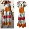 Women Summer Dress V-Neck Short Sleeve Side Slit Design Maxi Dress Tie Dye Print Loose