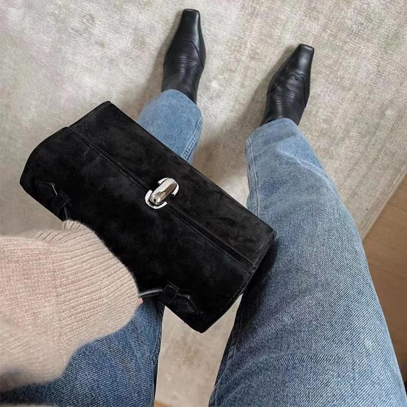 Niche Design Retro Light Luxury Handbag Suede Hand-held Small Square Bag French Minimalist Cowhide Shoulder Bag Handbag