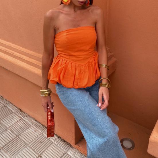 Женские топы бандо без бретелек с эластичной резинкой сзади и пышной юбкой-лепестком, дизайнерские майки для вечеринок, уличной фотографии, жилет для повседневной носки